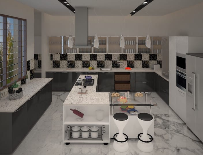 Lantai dapur yang terbuat dari batu marmer akan sangat menolong penampilan dapur anda yang didominasi warna netral seperti hitam putih. Lalu tambahkan pula aksen keramik berwarna sama dengan desain papan catur untuk sebagian dinding dapur