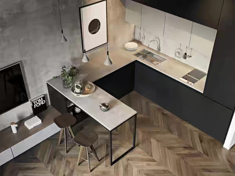 Aksen pada lantai untuk memperindah dapur minimalis 3x3 anda