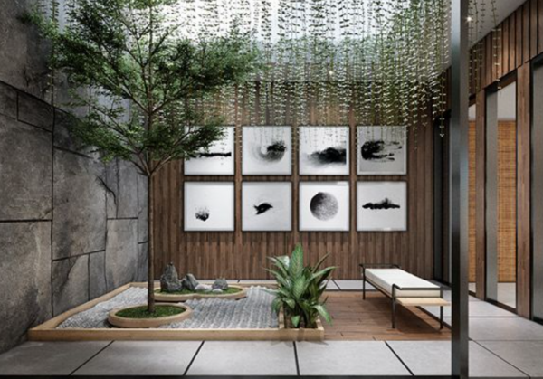 Taman dalam rumah dengan hiasan dinding