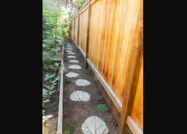 Taman kecil dengan jalan setapak di antara bedengan tanaman