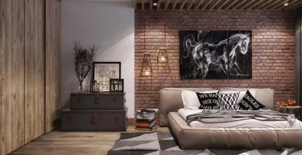 Desain kamar tidur dengan dinding bata ekspos
