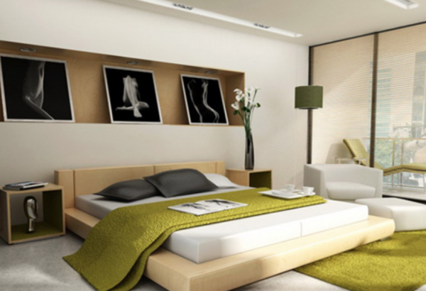 Desain kamar tidur dengan skema warna kontras