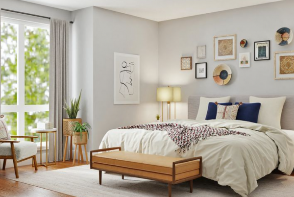 Kamar tidur dengan motif tekstil yang sederhana