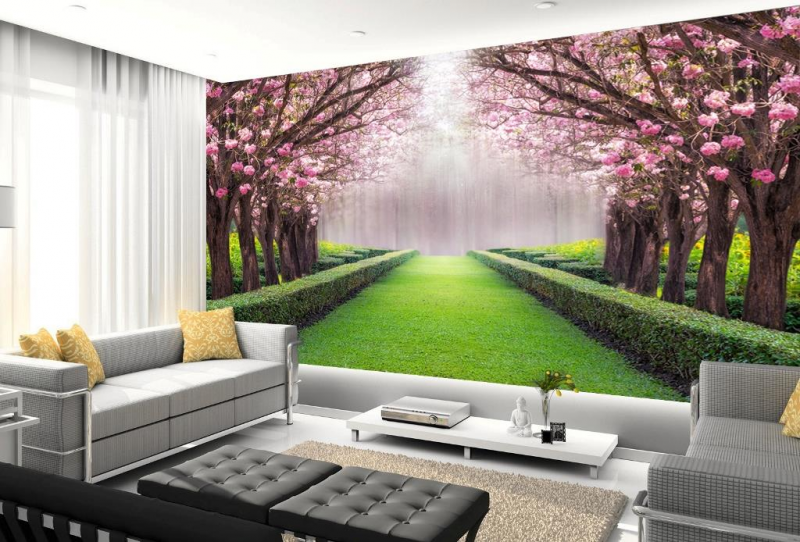 Contoh wallpaper dinding pemandangan di ruang tamu