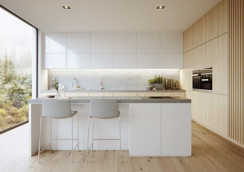 Desain dapur nuansa putih kombinasi kayu