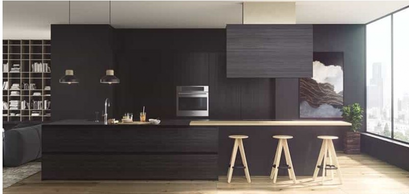 Dapur minimalis dengan warna hitam dominan