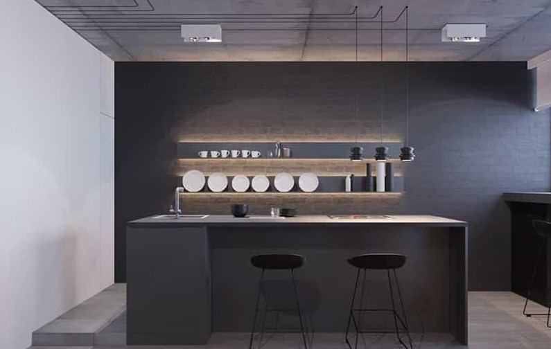 Desain dapur ruang terbuka dengan rak minimalis