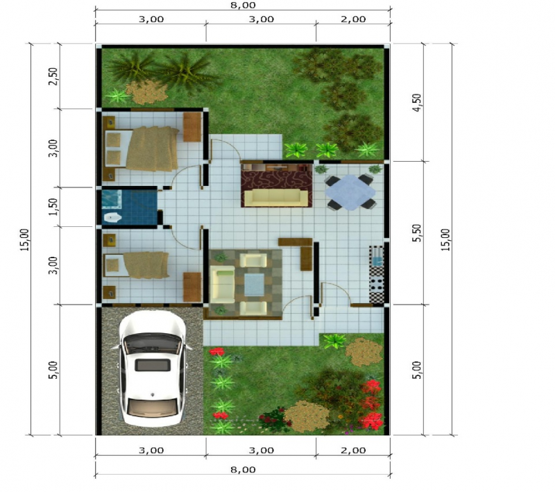 Desain rumah 10 x 10 m dengan 2 Kamar Tidur
