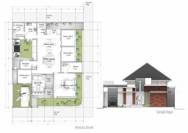 Desain rumah 10 x 10 m dengan taman di sepanjang sisi kiri rumah