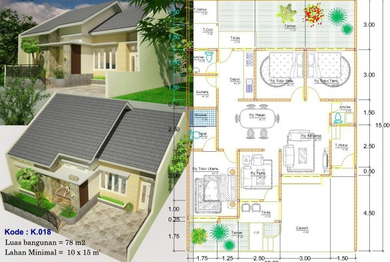 Desain Rumah 10 x 10 meter 78 m2