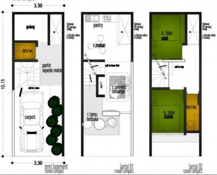 Contoh Denah Desain Rumah 3 x 10 Meter