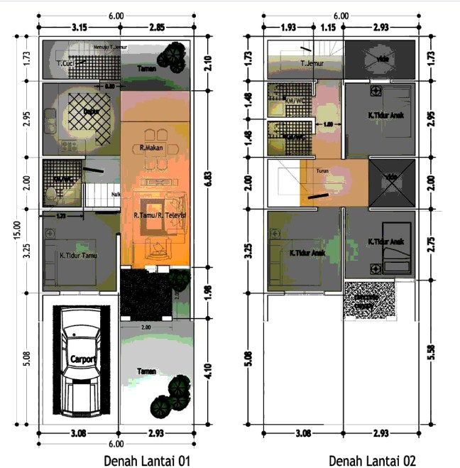 Gambar Denah Desain Rumah 3 x 10 Meter 2 Lantai