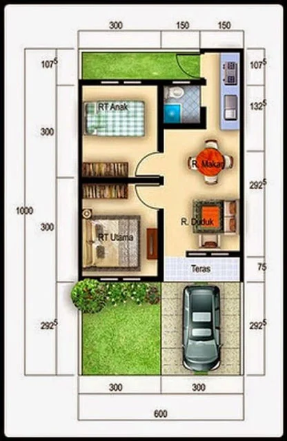 Desain Rumah 6 x 10 dengan dapur didalam