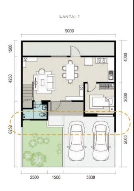 Desain Rumah 9 x 12 Lantai 1