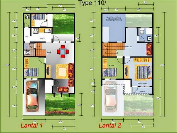 Desain Rumah 7 x 12 2 lantai dengan teras di belakang rumah