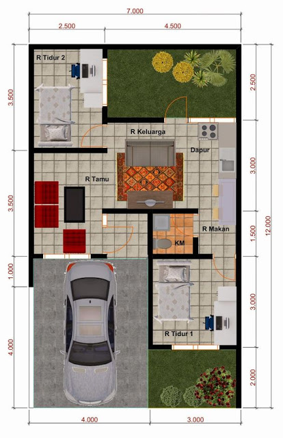Desain Rumah 7 x 12 dengan 2 buah taman