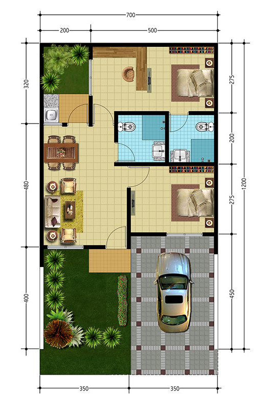 Desain Rumah 7 x 12 dengan 2 kamar