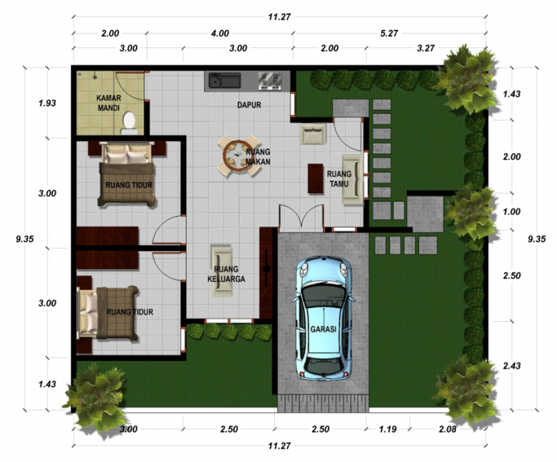 Desain Rumah 7 x 12 dengan taman yang memanjang
