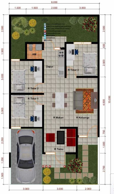 Denah Desain Rumah 8 x 10 3 Kamar