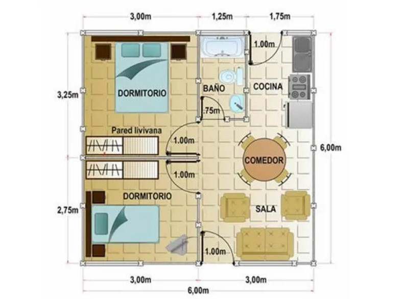 Desain Rumah 6x6 2 kamar dengan ruang lain lebih luas
