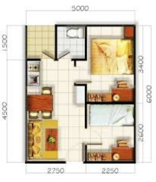 Desain Rumah 6x6 2 Kamar Tidur