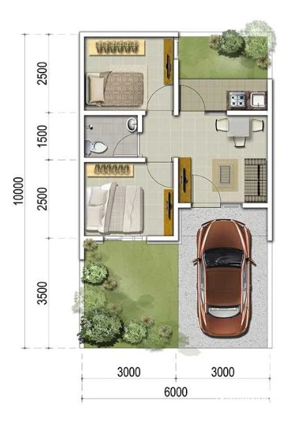 Desain rumah 6x10 dengan ruang tamu yang luas
