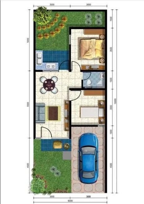 Denah Desain Rumah 6x15 2 Kamar Tidur