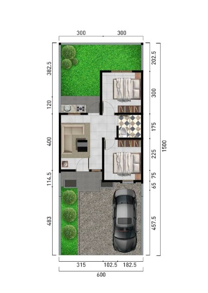 Desain Rumah 6x15 dengan halaman depan luas