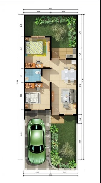 Desain Rumah 6x15 dengan kamar tidur luas