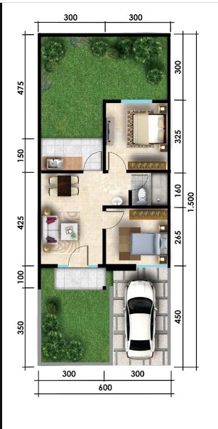 Desain Rumah 6x15 dengan kamar tidur sekaligus ruang keluarga