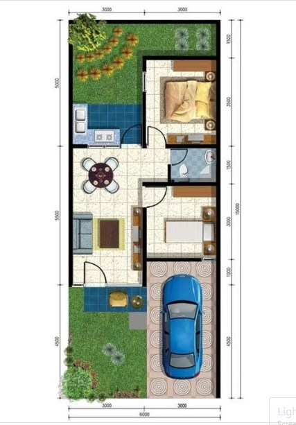 Desain Rumah 6x15 dengan ruang makan dan ruang tamu bersama