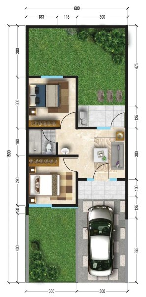 Desain Rumah 6x15 dengan taman depan dan belakang