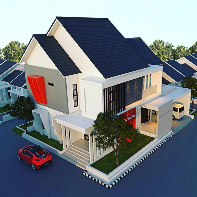Rumah 2 lantai dengan atap miring modern