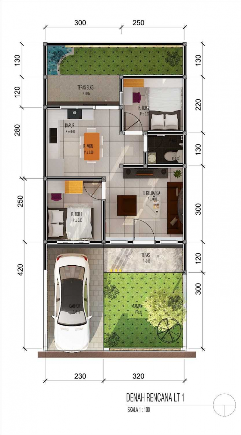 Desain rumah 2 kamar dengan penambahan garasi