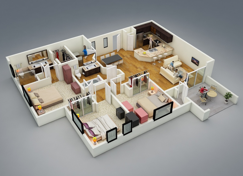 Desain rumah 3 kamar lemari built-in
