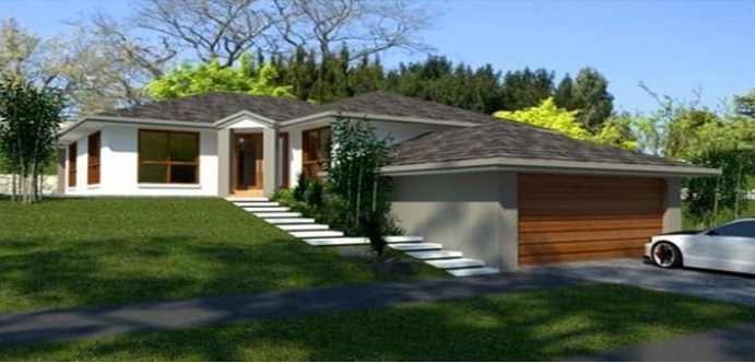 Desain Garasi dibagian belakang di tanah berundak