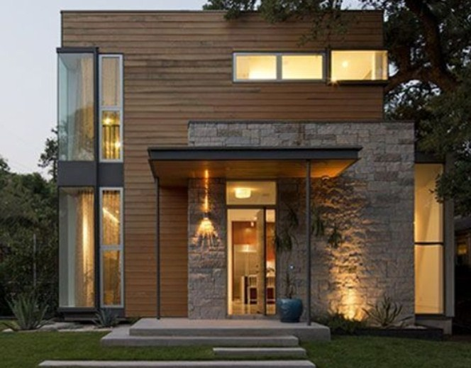 Desain Rumah Kayu Kombinasi batu