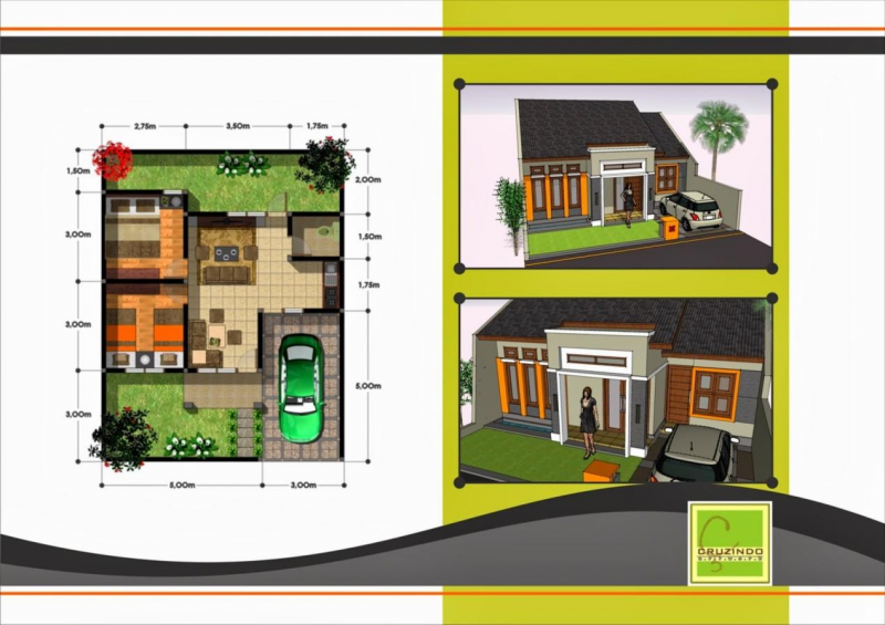 Desain rumah mungil dengan 2 buah taman