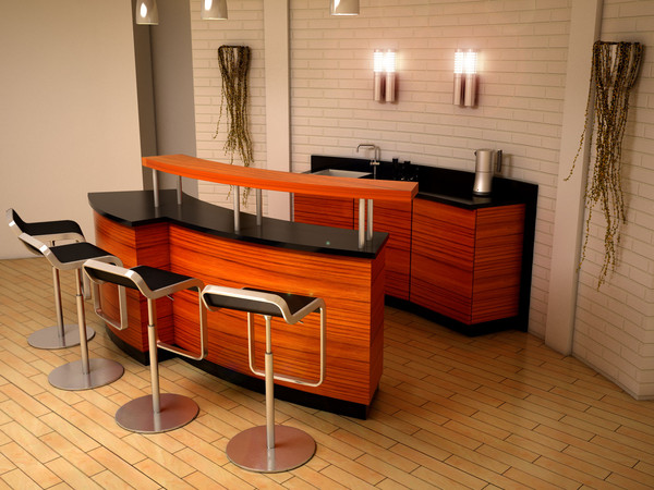 Perpaduan indah 2 meja bar beraksen kayu warna orange dengan countertop hitam dan lampu tempel dari krom bisa menjadi desain untuk minibar di rumah anda