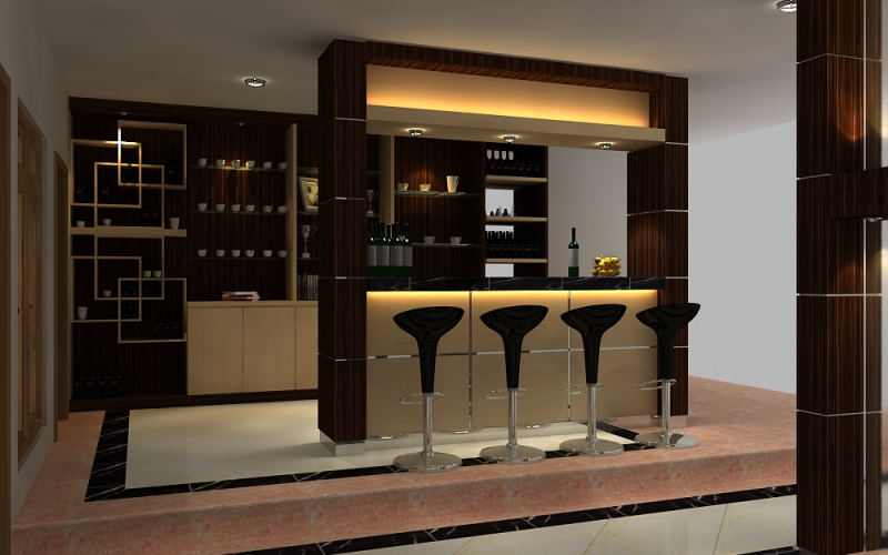 Kesan elegan terpancar dari minibar satu ini. Terlihat dari kombinasi warna cokelat dan putih, pencahayaan remang-remang, dengan desain rak yang unik, minibar ini jauh dari kata membosankan