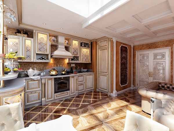 Aksen emas terlihat jelas pada kitchen set dengan material kayu ini. Meskipun desainnya sendiri minimalis, namun adanya warna emas membuat dapur anda terlihat sangat mewah dan juga elegan