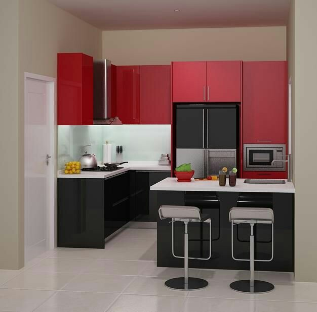 Kombinasikan warna hitam dengan warna selain putih, contohnya merah untuk membuat kesan modern pada dapur anda. Sentuhan silver pada kursi dan microwave juga sukses menyatukan penampilan