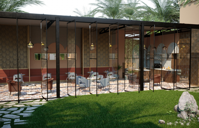 Desain Cafe Kopi Sederhana Ruang Terbuka