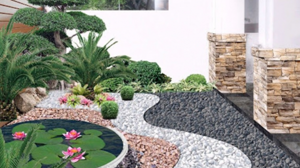 Taman minimalis dengan hiasan batu alami