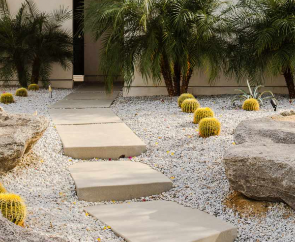 Taman kering dengan jalan setapak batu alam